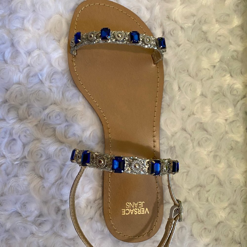 Versace Jeans Ladies Blue Glitter Mirror Flat Sandals-37 - Picture 7 of 12